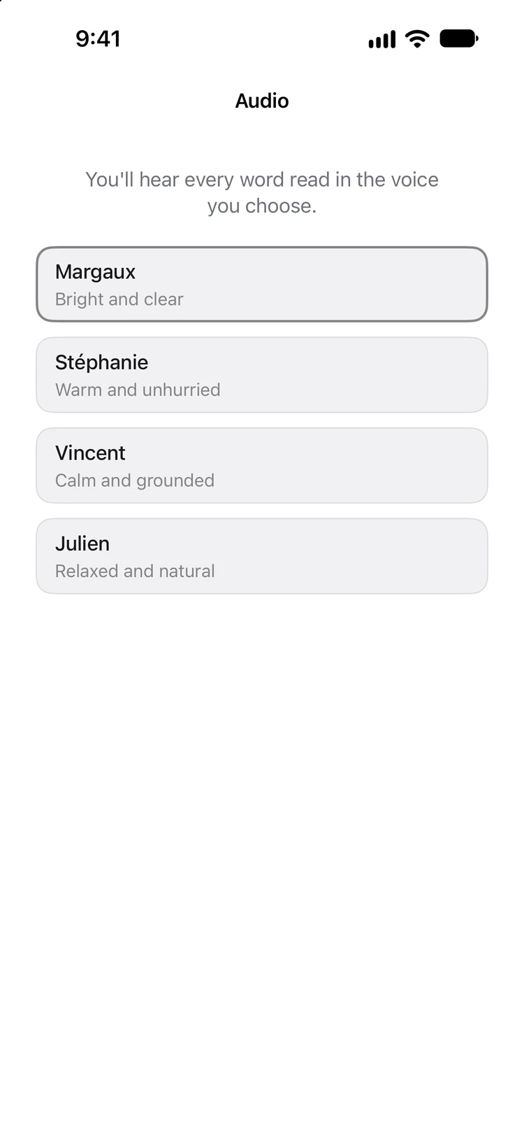Madeleine’s Audio settings, with four native French voices to choose from